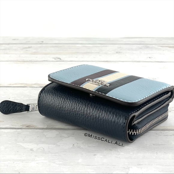 NWT COACH Small Trifold Wallet In Colorblock With Stripe Twilight Blue - Picture 6 of 15